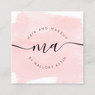 Tarjeta De Visita Cuadrada Logo de las iniciales de maquillaje acuarela rosa 