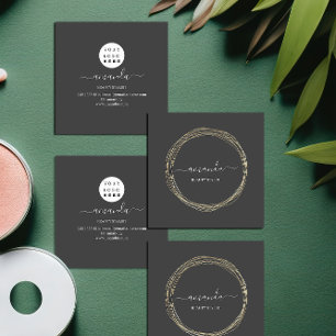 Tarjeta De Visita Cuadrada Logo de maquillaje profesional Marco dorado gris 