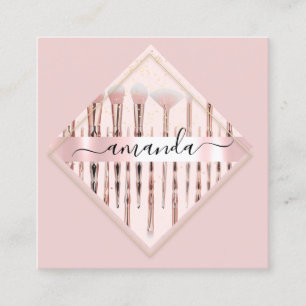 Tarjeta De Visita Cuadrada Logo de maquillaje profesional Pinceles marco Rosa