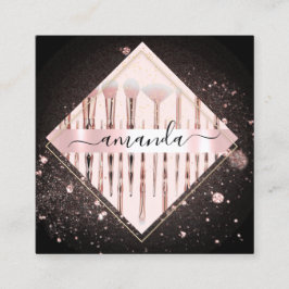 Tarjeta De Visita Cuadrada Logo de maquillaje profesional Pinceles Rosa Negro
