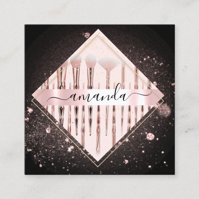 Tarjeta De Visita Cuadrada Logo de maquillaje profesional Pinceles Rosa Negro (Anverso)