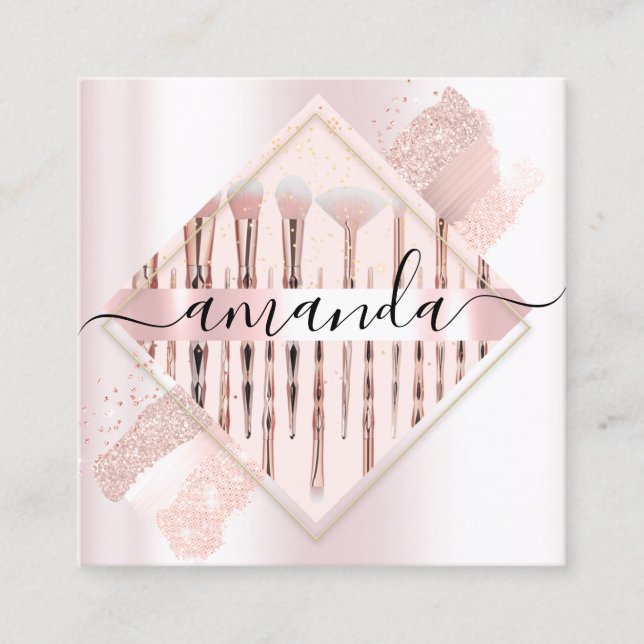 Tarjeta De Visita Cuadrada Logo de maquillaje profesional Pinceles Rosa rosad (Anverso)