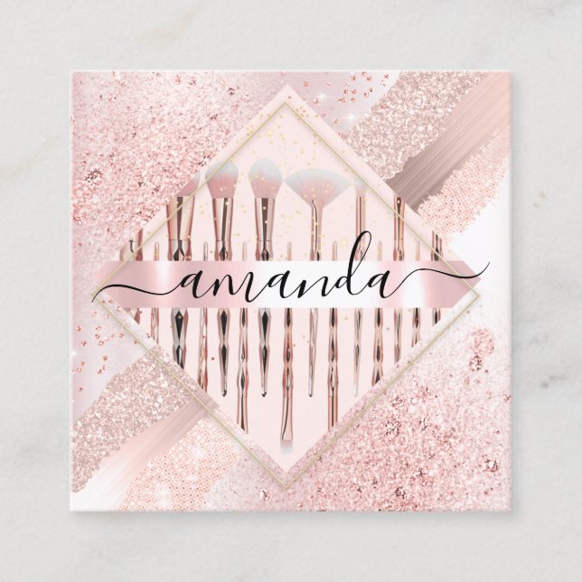 Tarjeta De Visita Cuadrada Logo de maquillaje profesional Pinceles Rosa rosad (Anverso)
