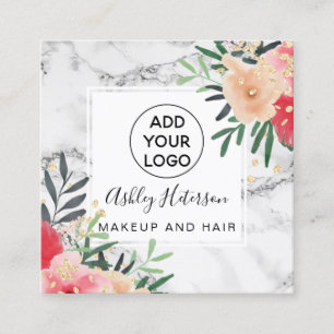 Tarjeta De Visita Cuadrada logo de mármol color agua floral Purpurina maquill