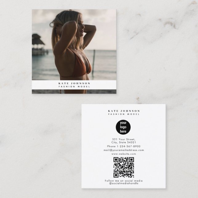 Tarjeta De Visita Cuadrada Logo de negocios moderno Fashion Beauty Photo (Anverso / Reverso)