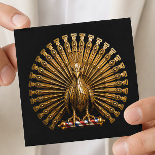 Tarjeta De Visita Cuadrada Logo de peluquería de tijera de pavo real dorado p