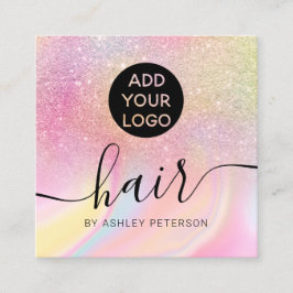 Tarjeta De Visita Cuadrada logo de purpurina de mármol negro arcoiris rosa