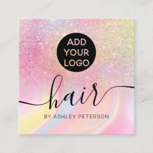 Tarjeta De Visita Cuadrada logo de purpurina de mármol negro arcoiris rosa
