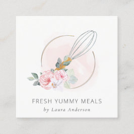 Tarjeta De Visita Cuadrada Logo de Wooden Whisk Rubor Watercolor Floral Chef