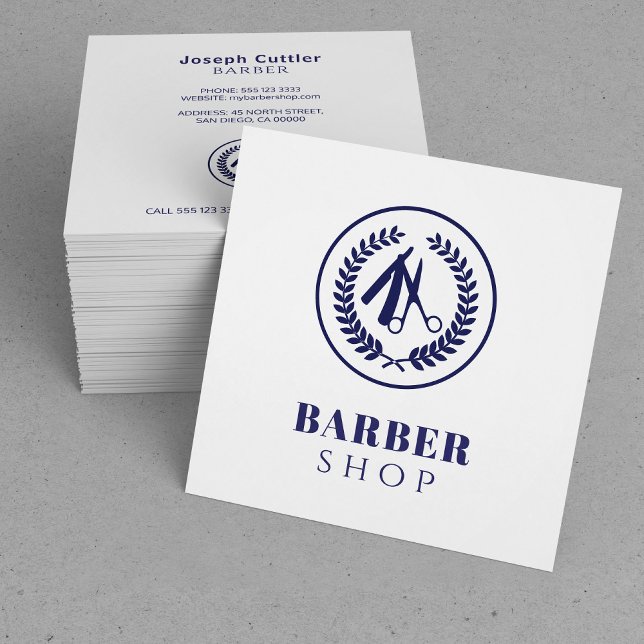 Tarjeta De Visita Cuadrada Logo del personalizado del salón masculino blanco  (Subido por el creador)