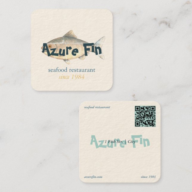 Tarjeta De Visita Cuadrada Logo del restaurante Azure Fin Elegant Fish (Anverso / Reverso)