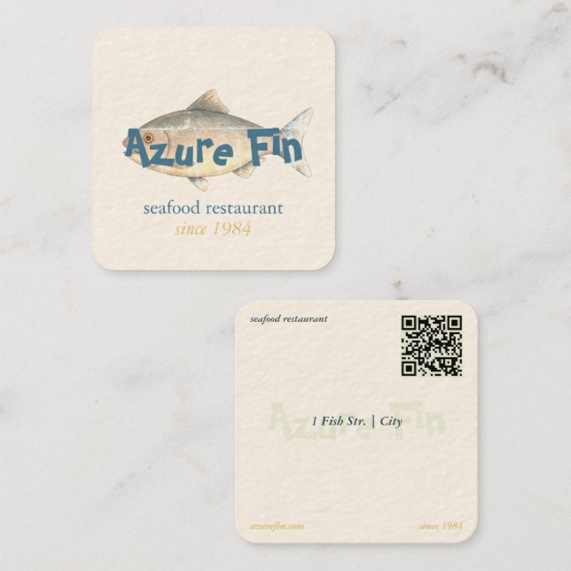 Tarjeta De Visita Cuadrada Logo del restaurante Azure Fin Elegant Fish (Anverso / Reverso)