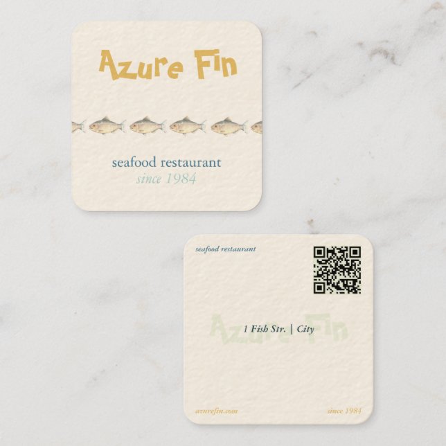 Tarjeta De Visita Cuadrada Logo del restaurante Azure Fin Elegant Fish (Anverso / Reverso)