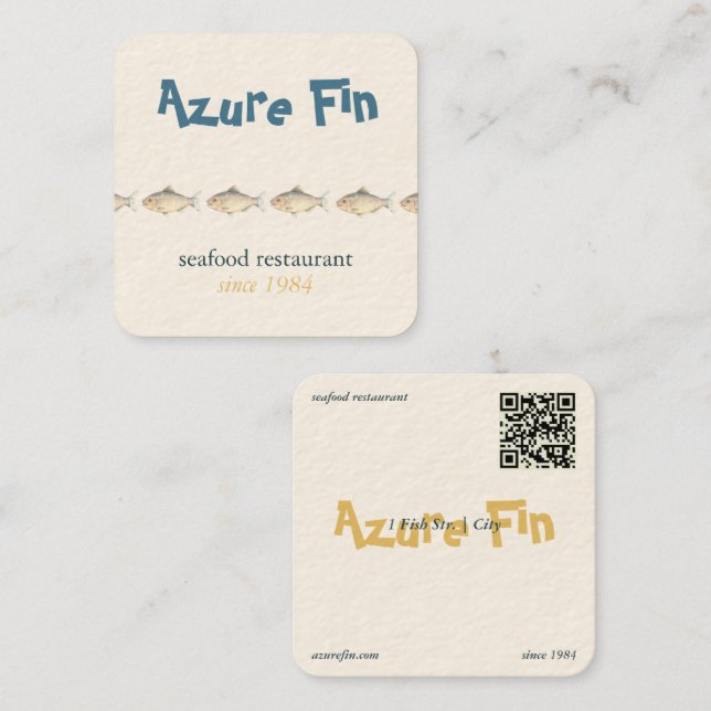 Tarjeta De Visita Cuadrada Logo del restaurante Azure Fin Elegant Fish (Anverso / Reverso)