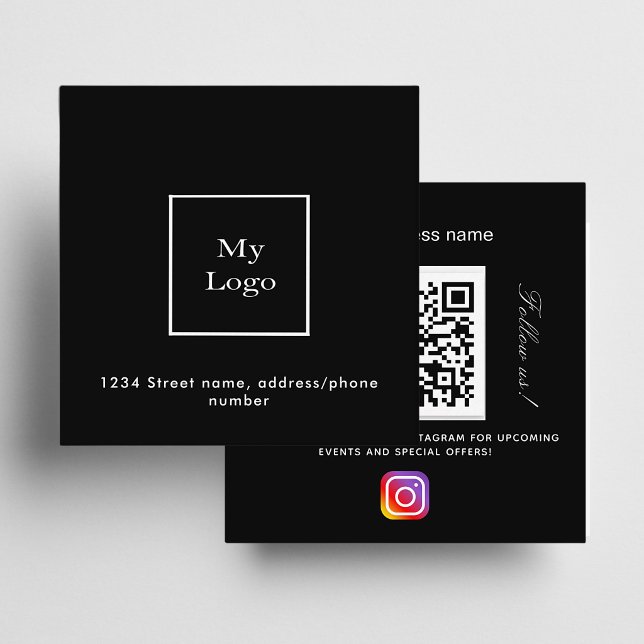Tarjeta De Visita Cuadrada Logo en blanco negro código QR Instagram sígannos (Subido por el creador)