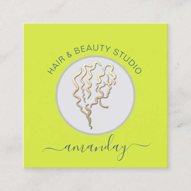 Tarjeta De Visita Cuadrada Logo Hairdresser Makeup Artista Código QR amarillo (Anverso)