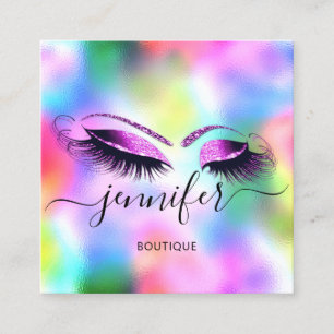 Tarjeta De Visita Cuadrada Logo Makeup Boutique Lash Studio HolographPink