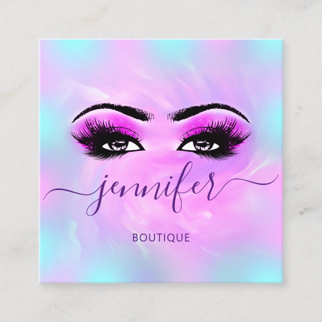 Tarjeta De Visita Cuadrada Logo Makeup Boutique Lashes Ojos Holograma Rosa (Anverso)