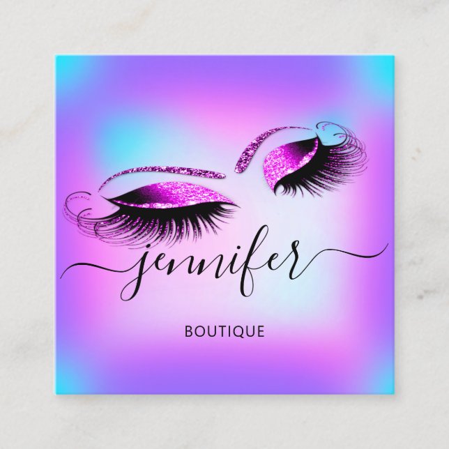 Tarjeta De Visita Cuadrada Logo Makeup Boutique Lashes Studio Holograma calie (Anverso)