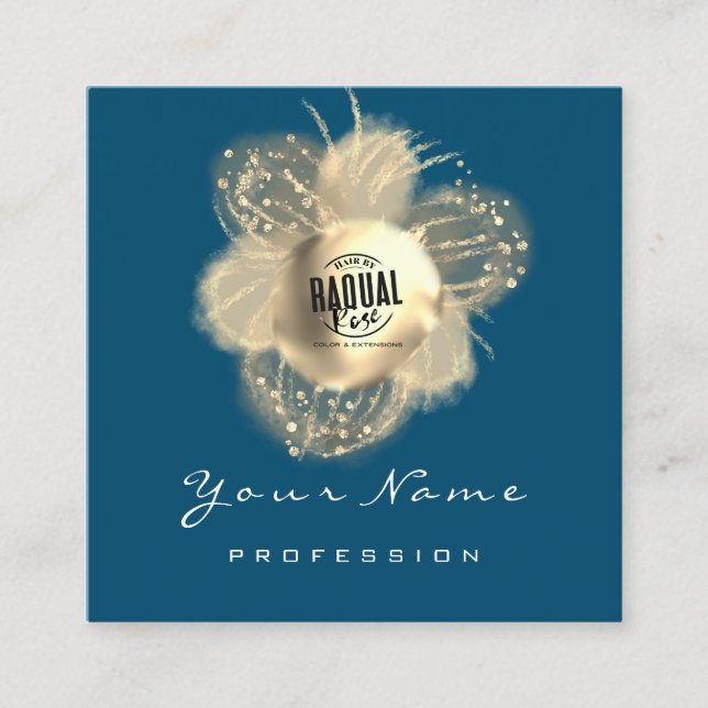 Tarjeta De Visita Cuadrada Logo Makeup Hair Nail Floral Boutique Blue (Anverso)