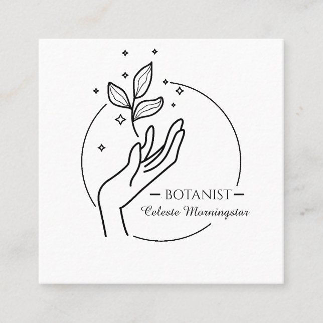 Tarjeta De Visita Cuadrada Logo Mínimo de Boho Hand & Leaves Botanist (Anverso)