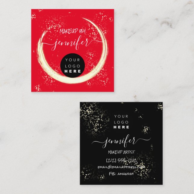 Tarjeta De Visita Cuadrada Logo profesional Nails Belleza Pelo Negro Rojo (Anverso / Reverso)
