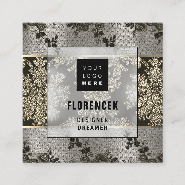 Tarjeta De Visita Cuadrada Logo QR CODE Shop BEAUTIQUE Gold Lace Elegante (Anverso)
