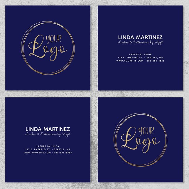 Tarjeta De Visita Cuadrada Logo sobre azul de la Marina Oscura (Logo on Dark Navy Blue Square Business Card)