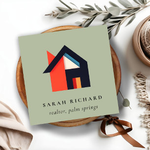 Tarjeta De Visita Cuadrada Logotipo de casa colorida moderna Realtor Verde Gr