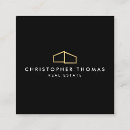 Tarjeta De Visita Cuadrada Logotipo de casa moderna Faux Gold sobre negro