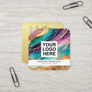 Tarjeta De Visita Cuadrada Logotipo de código QR y brillo de oro de ágata de 