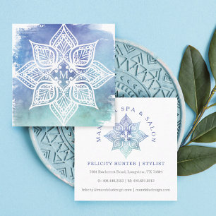 Tarjeta De Visita Cuadrada Logotipo de flores Mandala Lotus y color de agua V
