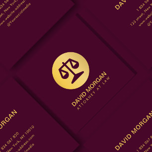 Tarjeta De Visita Cuadrada Logotipo De Justicia De Abogado Borgoña Y Oro