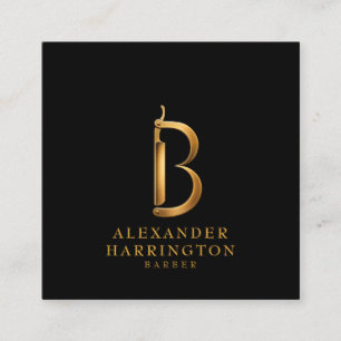 Tarjeta De Visita Cuadrada Logotipo de la Barbería Gold Razor B Peluquero
