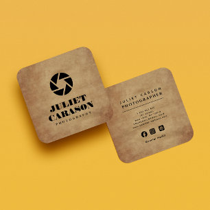 Tarjeta De Visita Cuadrada Logotipo de lente de cámara fotográfica Tipografía