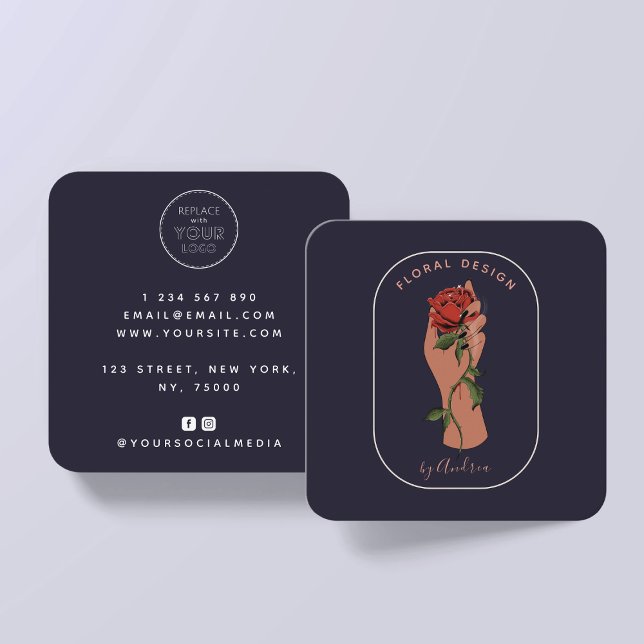 Tarjeta De Visita Cuadrada Logotipo de mano de rosa minimalista (Subido por el creador)