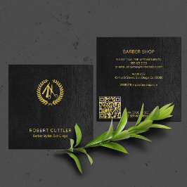 Tarjeta De Visita Cuadrada logotipo de QR CODE estilo barber elegante oro neg