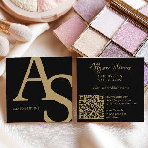 Tarjeta De Visita Cuadrada Logotipo dorado y negro iniciales de maquillaje en