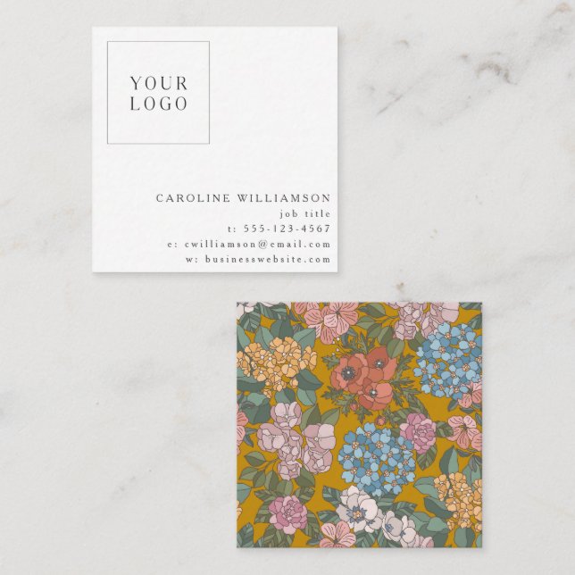 Tarjeta De Visita Cuadrada Logotipo floral amarillo boho simple (Anverso / Reverso)