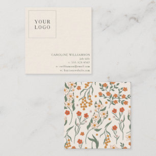 Tarjeta De Visita Cuadrada Logotipo Floral Botánico Minimalista Verde Naranja