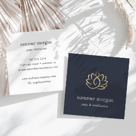Tarjeta De Visita Cuadrada Logotipo Navy & Gold Lotus | Yoga Meditación Welln