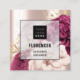 Tarjeta De Visita Cuadrada Logotipo personalizado CÓDIGO QR Rosa Gold Floral 