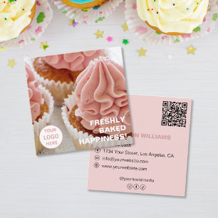 Tarjeta De Visita Cuadrada Logotipo Personalizado Foto QR Panadería Rosa