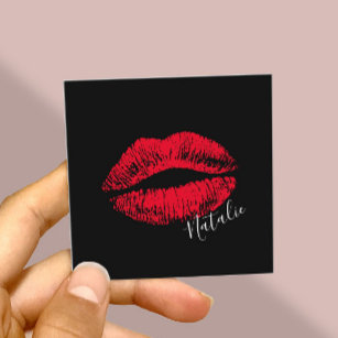 Tarjeta De Visita Cuadrada Los labios rojos besan la firma artista de maquill