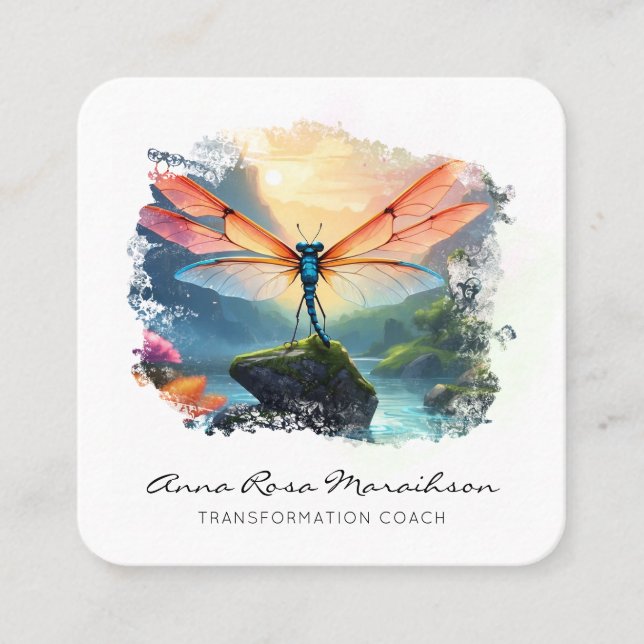 Tarjeta De Visita Cuadrada *~* Lotus Colorful Lily Abstract Dragonfly QR (Anverso)