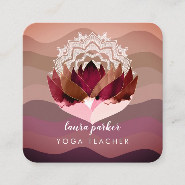 Tarjeta De Visita Cuadrada Lotus Purple Mandala Meditación Yoga Boho (Anverso)