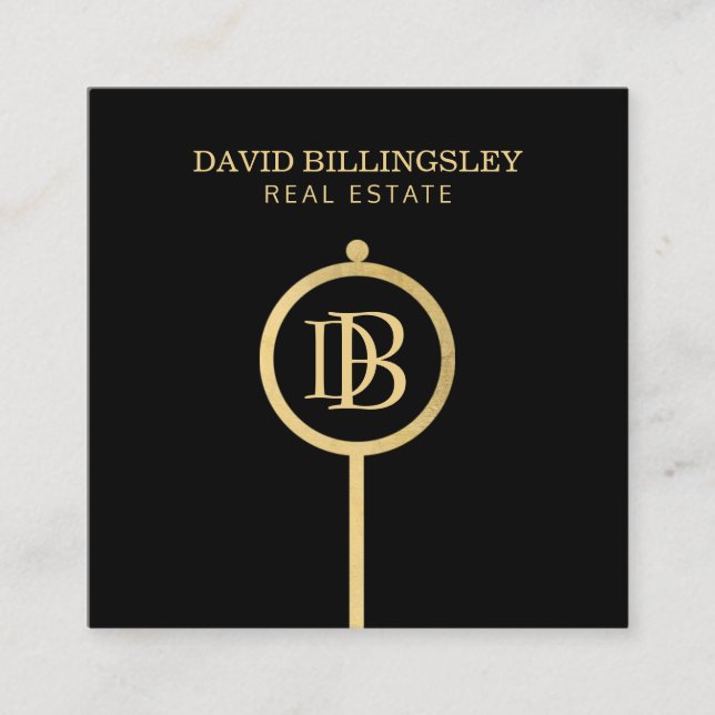 Tarjeta De Visita Cuadrada Lujo Faux Gold Skeleton Key Monograma Realtor (Anverso)