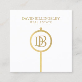 Tarjeta De Visita Cuadrada Lujo Faux Gold Skeleton Key Monograma Realtor Blan