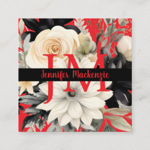 Tarjeta De Visita Cuadrada Lujo Floral en Negro y Blanco