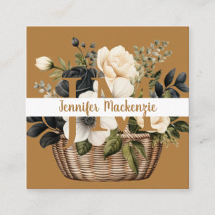 Tarjeta De Visita Cuadrada Lujo Floral Negro y Blanco Oro